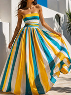 Yellow and blue striped smocked strapless maxi dress