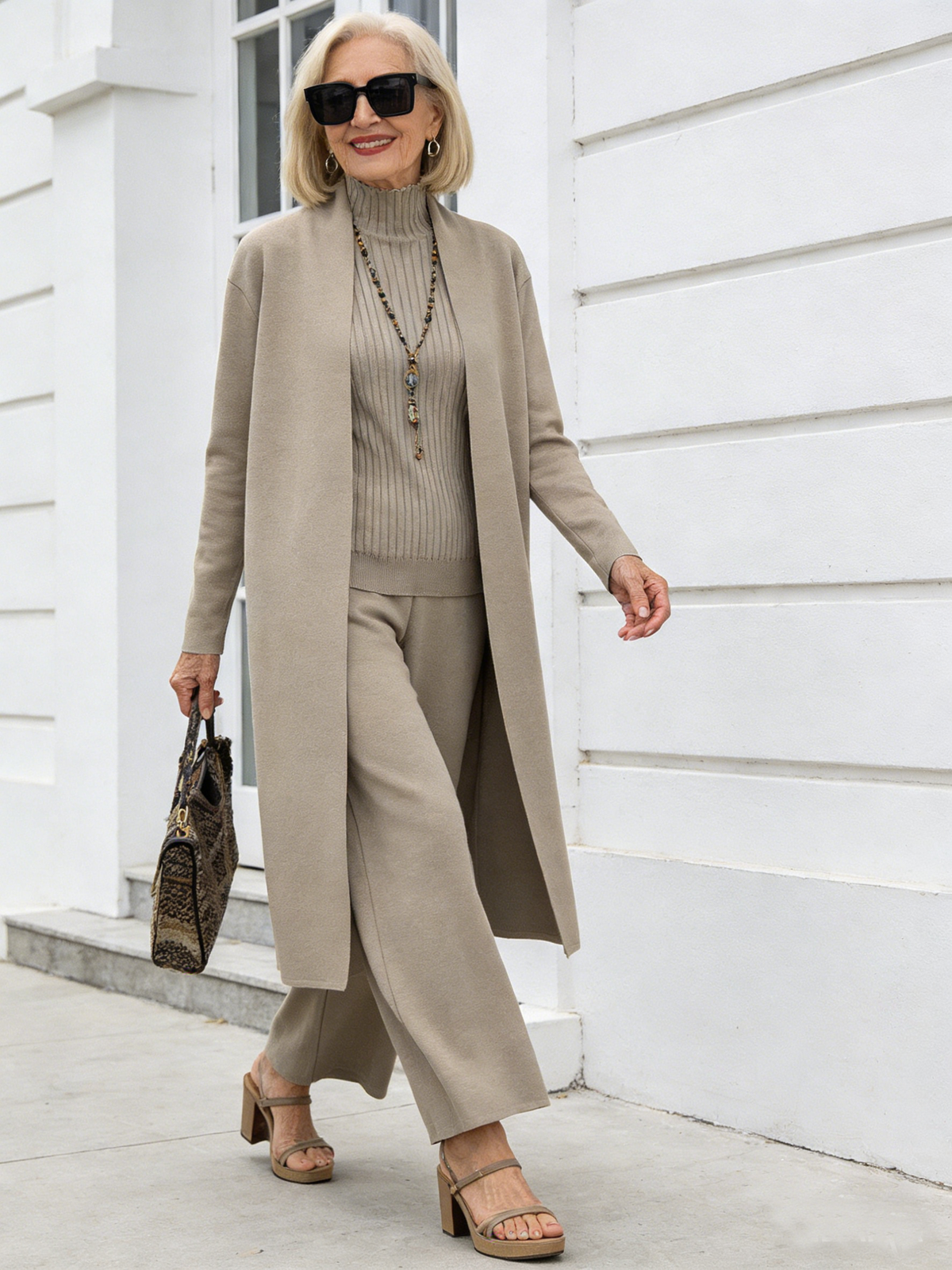 3Pcs Thick Lazy Temperament Knitted Suit Sleeveless Vest Sweater Cardigan Pants Three-piece Set