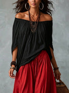 Black Off-shoulder Top And Red Loose-fitting Lantern Pants Suit