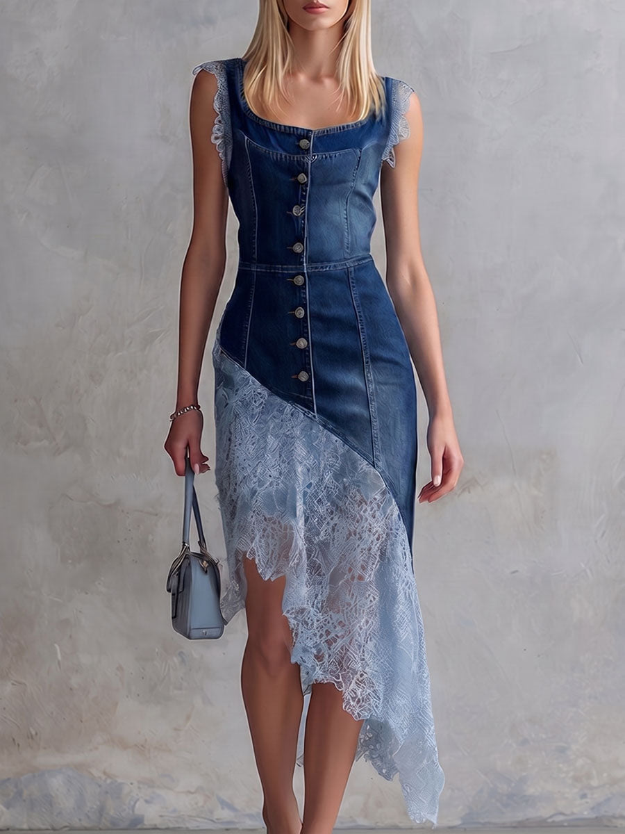 Women's Square-neck Sleeveless Slim-fit Casual Denim-paneled Dress