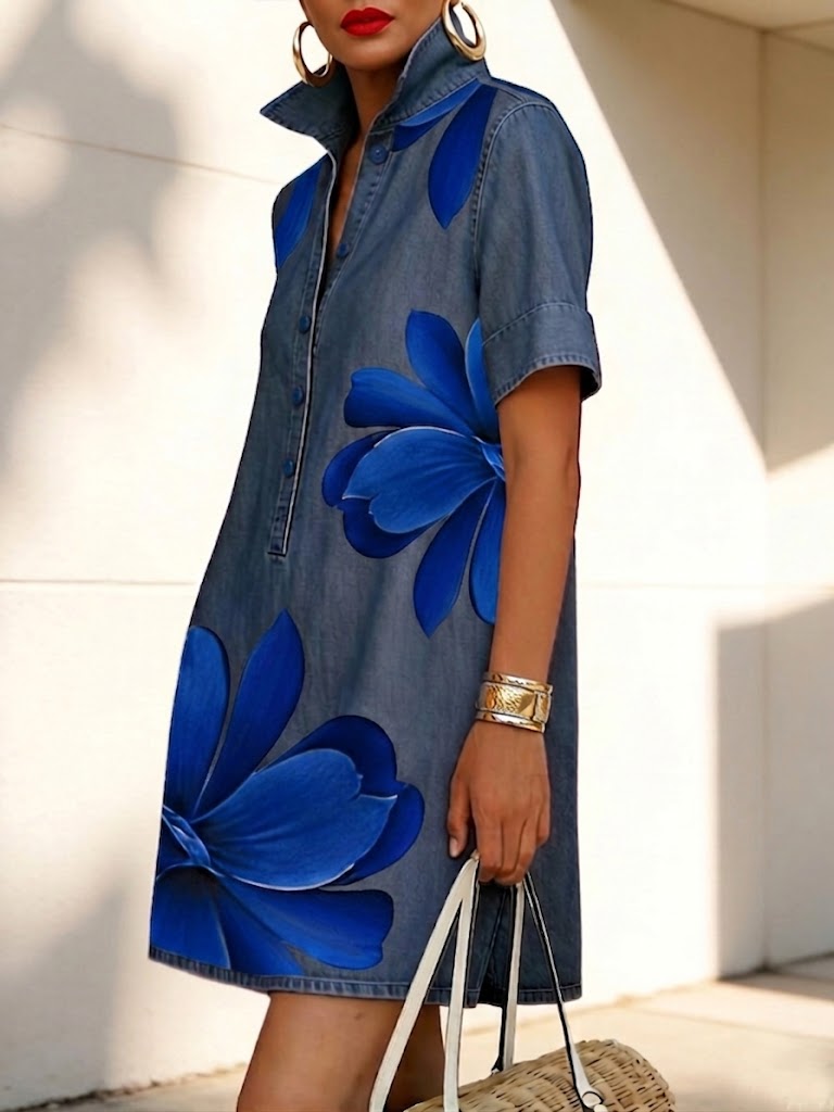Casual Artistic Floral-print Denim Dress