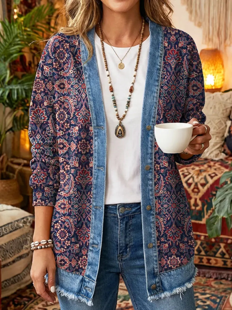 Women's National Totem Art Print Casual Cotton Denim Patchwork Jacket