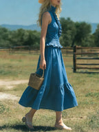 Women's Retro Elegant Stylish Zip High-Neck Sleeveless Ruffled Denim Dress