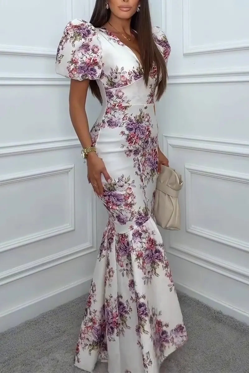 Women V-neck Slim Fit Patchwork Print Elegant Temperament Dress