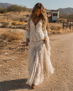 Apricot Lace V-neck Bell Sleeve Bohemian Maxi Dress