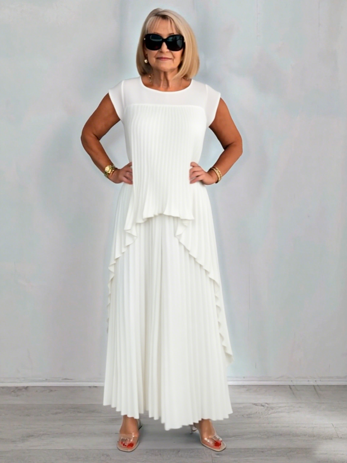 2Pcs Crew Neck Solid Color Sleeve Top Pleated Straight Pants Set Two-piece Set