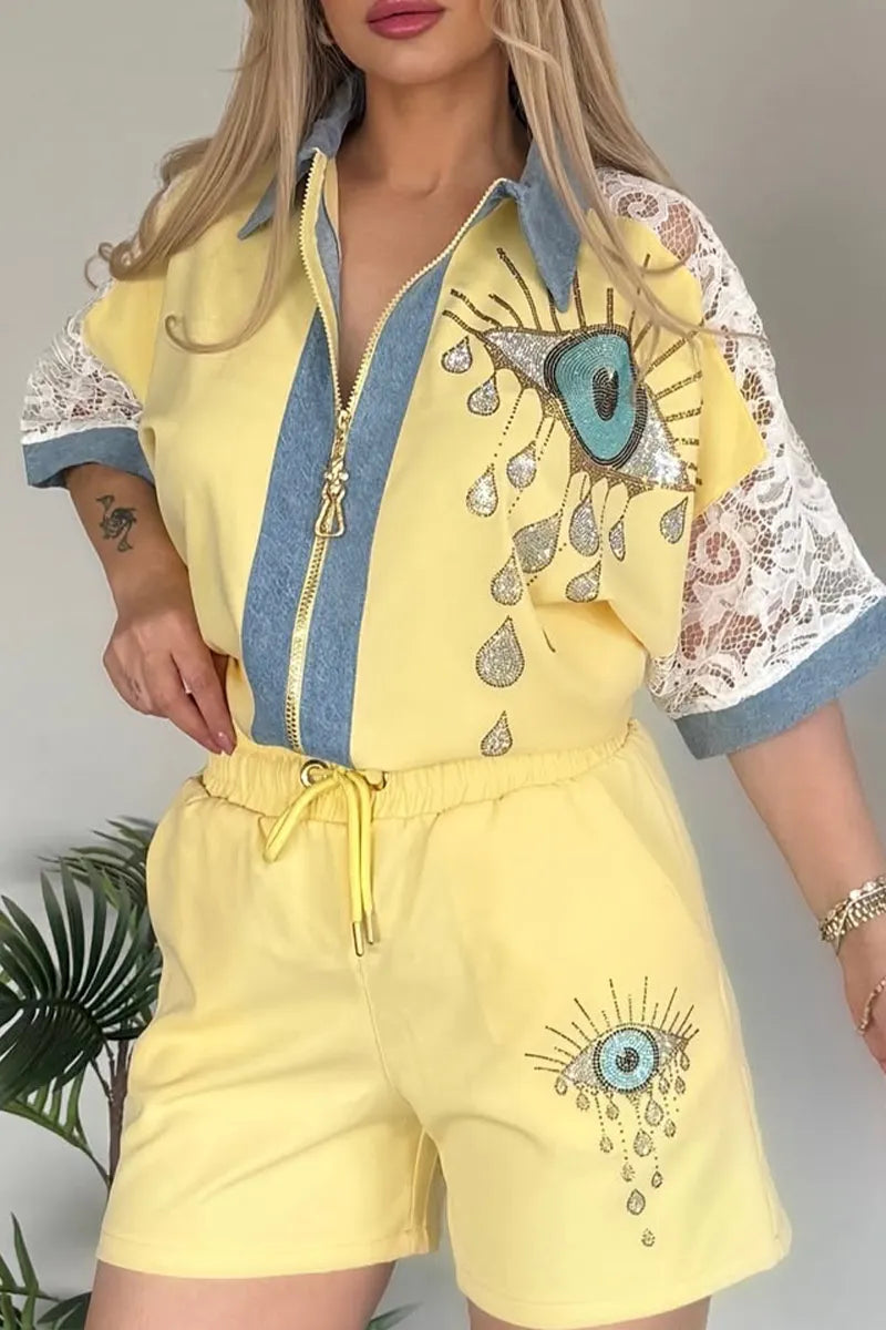 Women Collar Hot Stamping Diamond Pattern Splicing Denim Top+ Shorts Casual Set