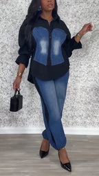 Women Laple Collar Splicing Denim Washing Water Casual Set