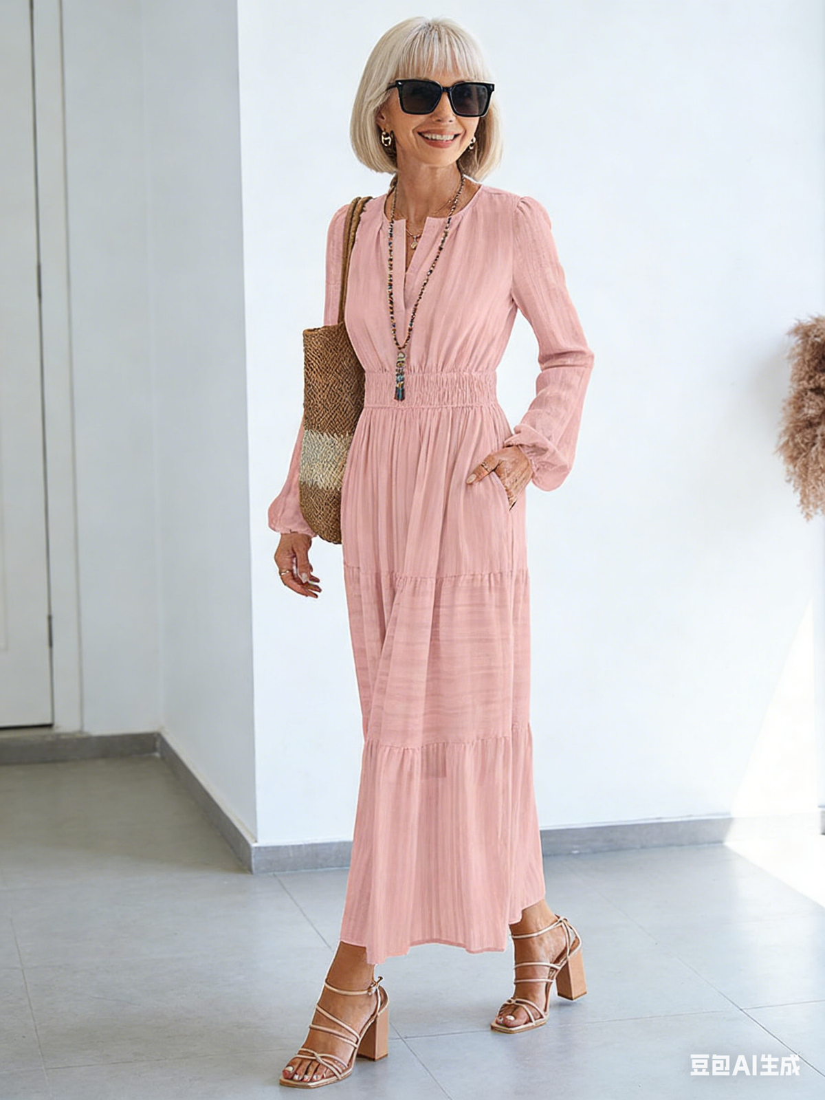 V-neck Pleated Waist Long-sleeved Dress