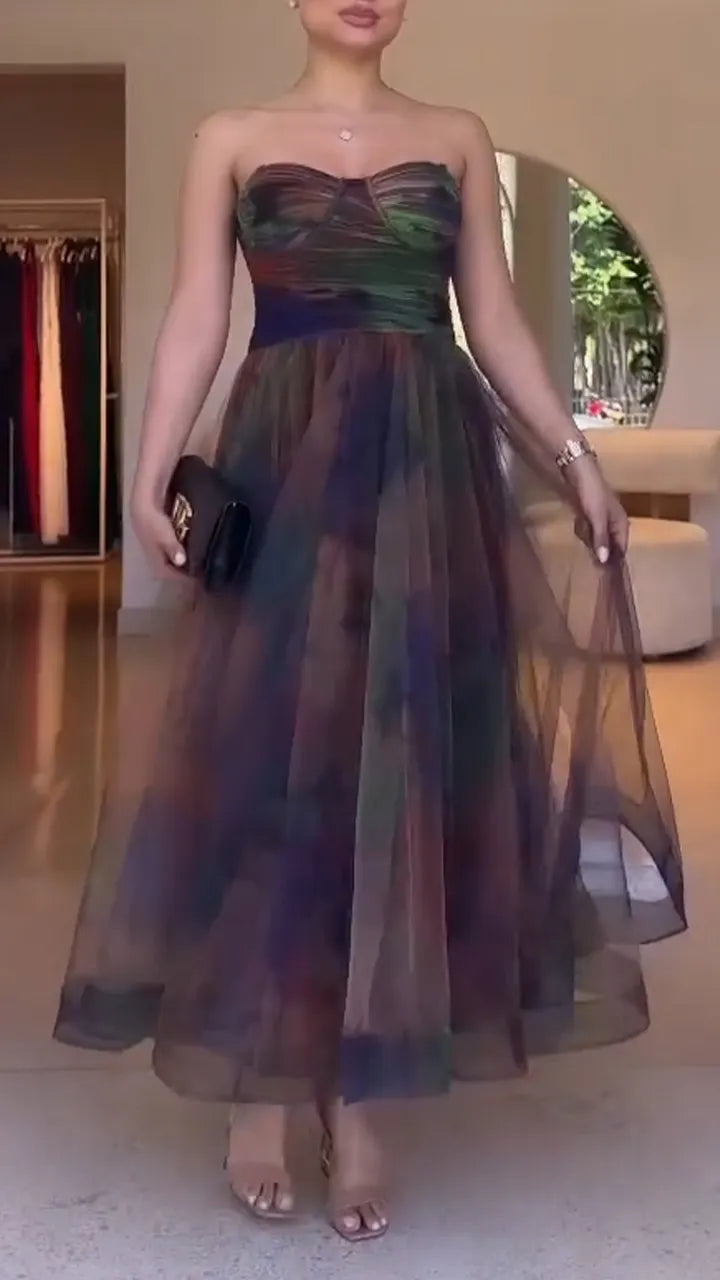 Women Strapless Patchwork Blended Elegant Temperament Dress