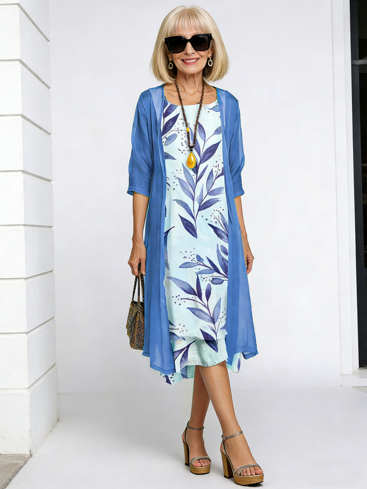 Long Dress Two-piece Flower and Plant Print Crew Neck Dress Coat Women