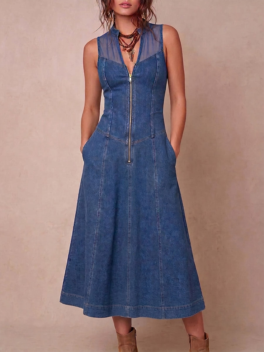 Women's V-neck Sleeveless Casual Loose Denim-paneled Dress
