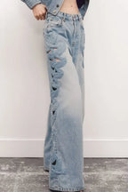 Women Stand Up Collar Patchwork Lace Patterned Top or Washed Side Patterned Hollowed Out Jeans