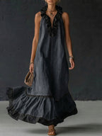 Elegant Color-block Ruffle Trim Denim Dress