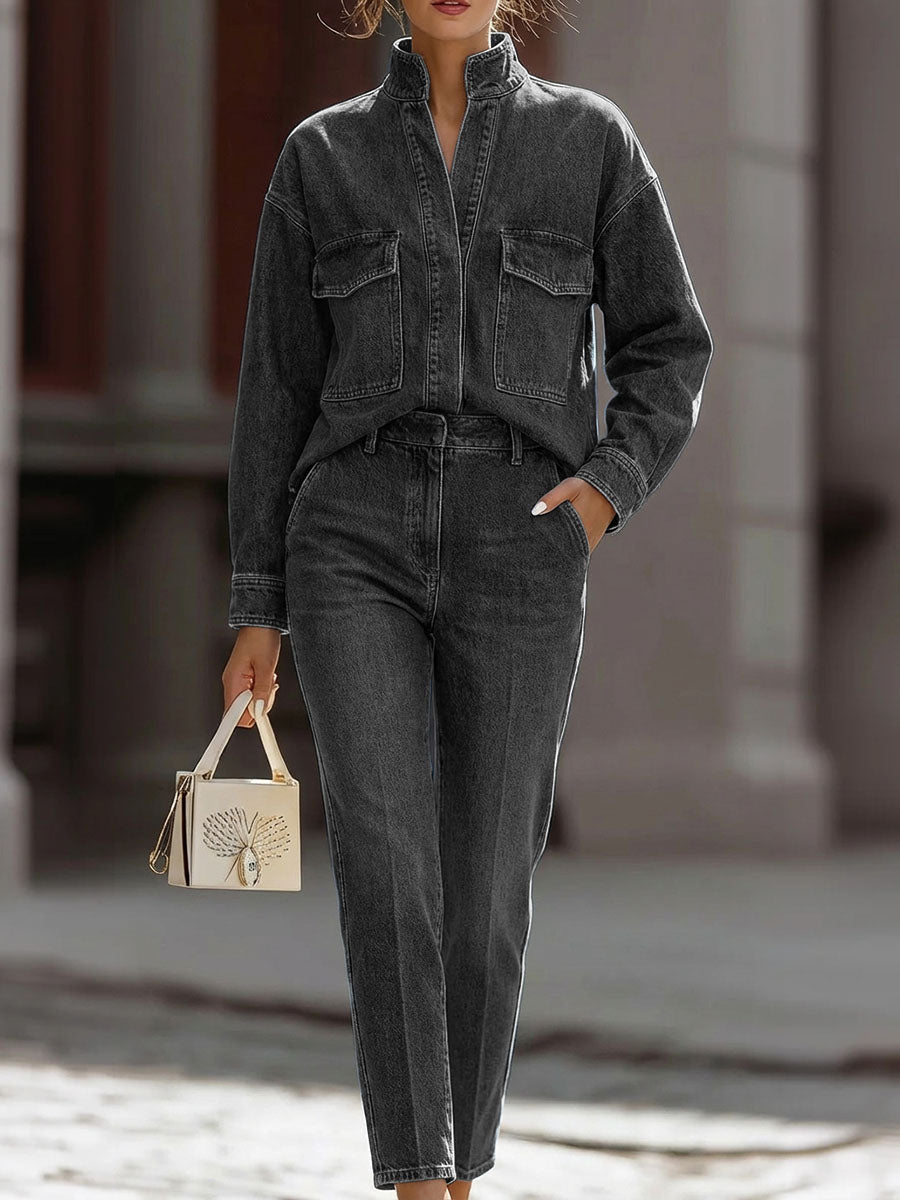 Women's Casual Denim Set: Loose-fit Long-sleeve V-neck Shirt & High-waisted Straight-leg Pants