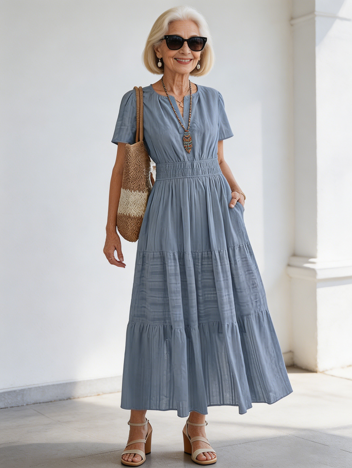 Cotton Fashion V-neck Pleated Bubble Sleeves Layered Pendulum Dress Women