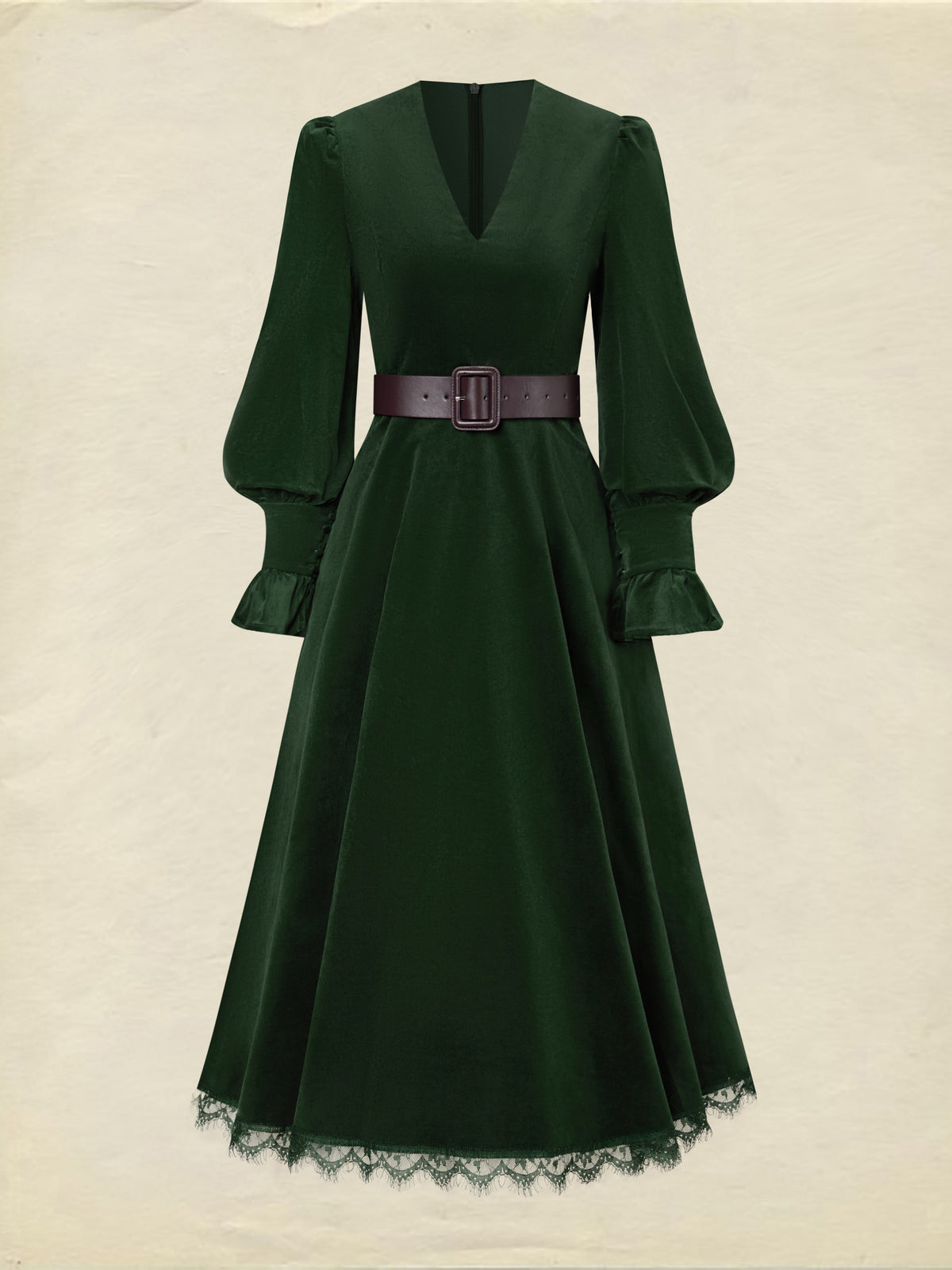 Midi Cotton Dress, Long Sleeves, V Neck, Plain, Lace, Vintage, Green
