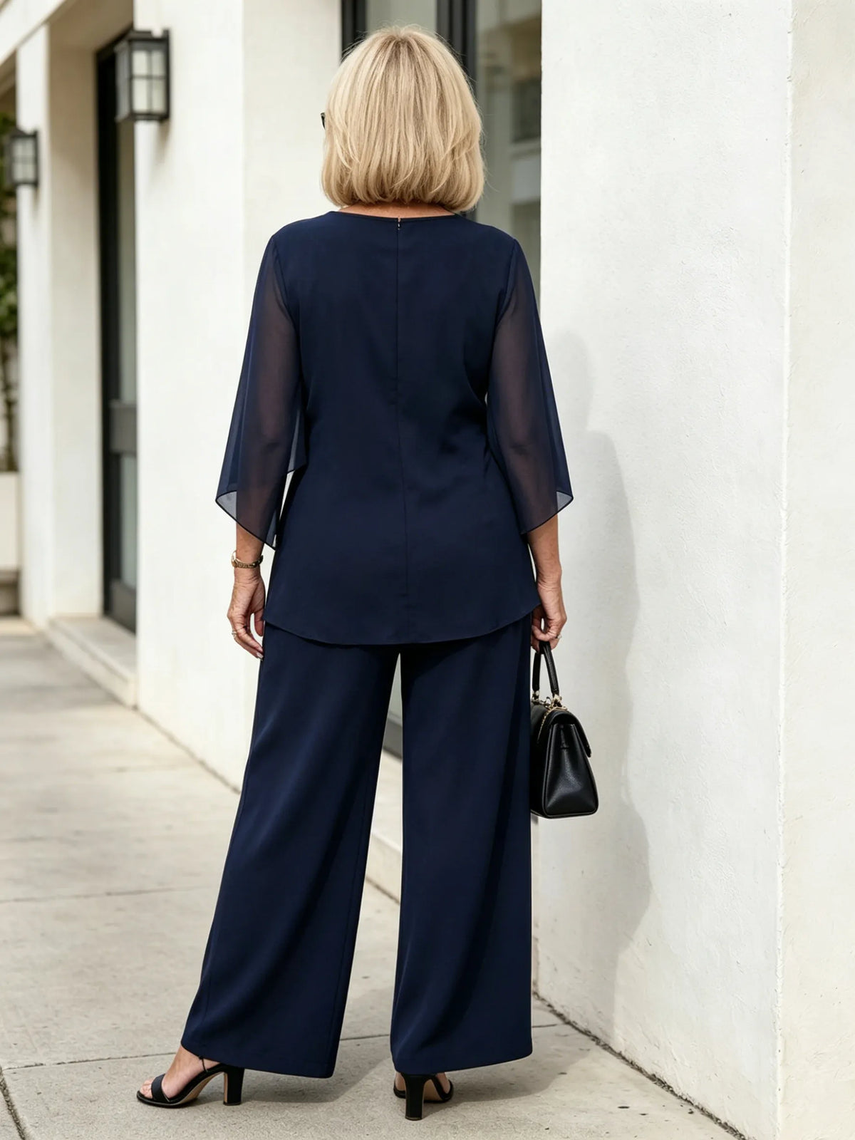 2Pcs Light Blue Chiffon 2 Piece Outfit, Irregular Twist Flare Sleeve Top & Wide Leg Pants Set for Mature Women