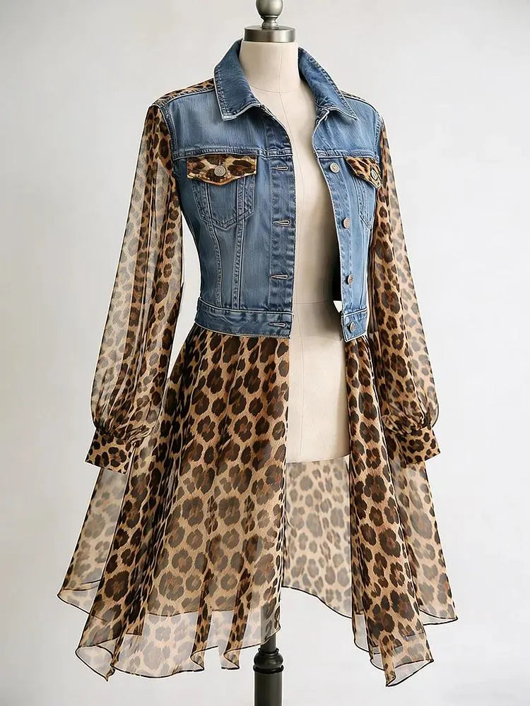 Denim And Leopard Print Patchwork Dress