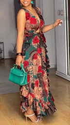 Ladies' V-neck Printed Hollow Irregular Temperament Elegant Dress