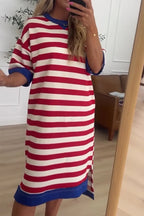 Women Round Neck Striped Loose Casual Midi Dresses