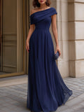 Off-Shoulder Draped Chiffon Evening Maxi Dress