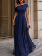 Off-Shoulder Draped Chiffon Evening Maxi Dress
