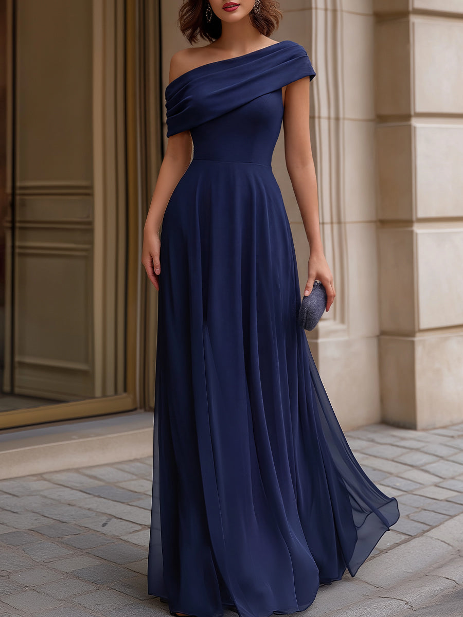 Off-Shoulder Draped Chiffon Evening Maxi Dress