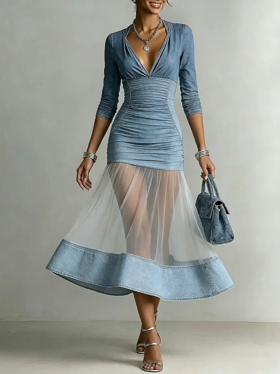Women's Elegant V-neck Mesh Splice Denim Dress