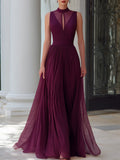 Illusion Neck Pleated Chiffon Maxi Dress