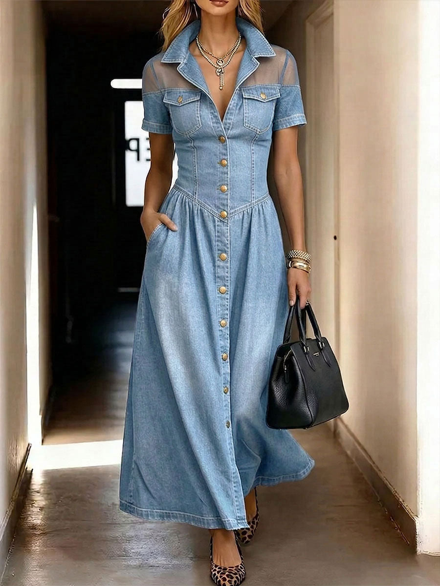 Women's Casual Loose Denim-paneled Dress With Lapel Collar And Short Sleeves