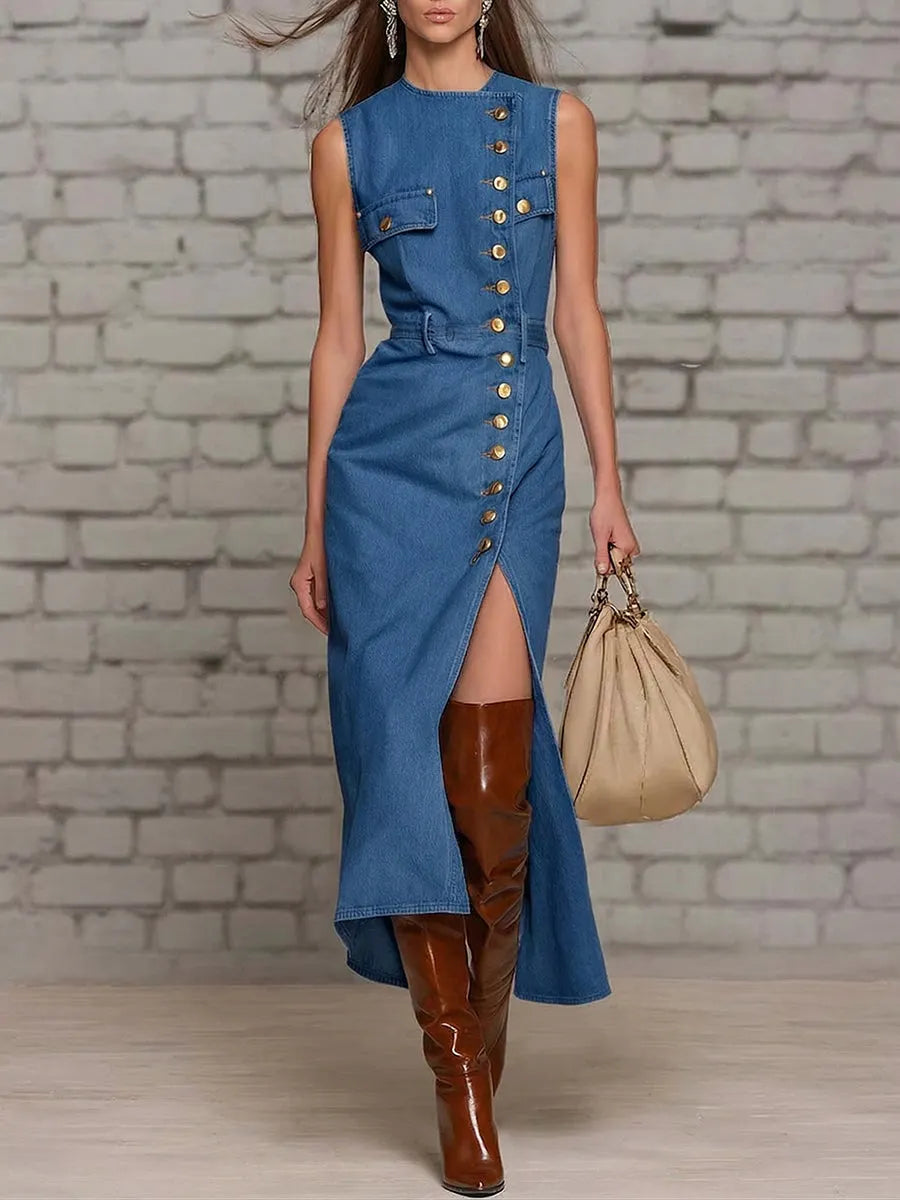 Stylish Button Slit-design Denim Dress