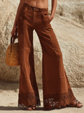 Resort-style Brown Denim Patchwork Lace Trousers