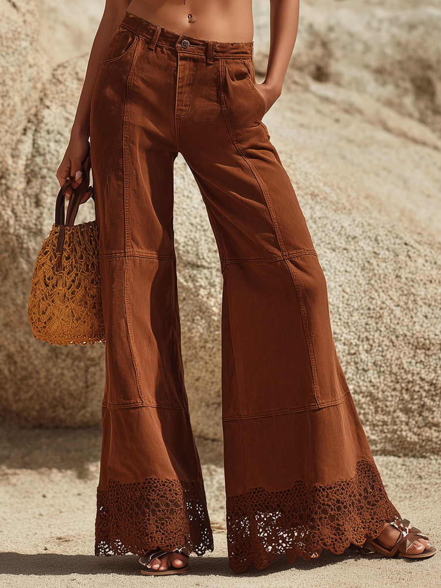 Resort-style Brown Denim Patchwork Lace Trousers