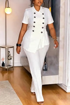 Women Round Neck Double Breasted Top and Pants Casual Suit