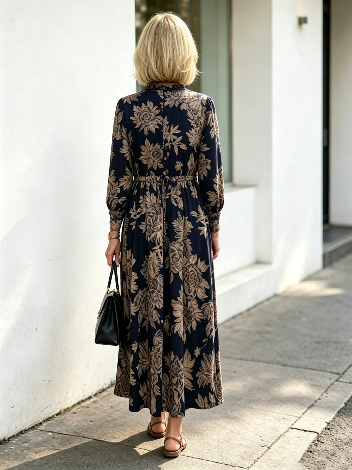 Navy Vintage Floral Maxi Dress, Ruffle Neck 3/4 Sleeve Elastic Waist Slimming Dress for Mature Women
