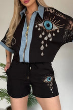 Women Collar Hot Stamping Diamond Pattern Splicing Denim Top+ Shorts Casual Set