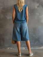 Women's V-neck Sleeveless Casual Loose Top With Elastic Waist Casual Loose Wide-leg Shorts Denim Set