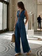 Pleated Pockets Solid Color Zipper High Waisted Sleeveless Round-Neck Jumpsuits
