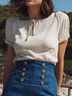 Vacation-Style Blue Denim With Gold Buttons Shorts