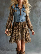 Denim And Leopard Print Patchwork Dress