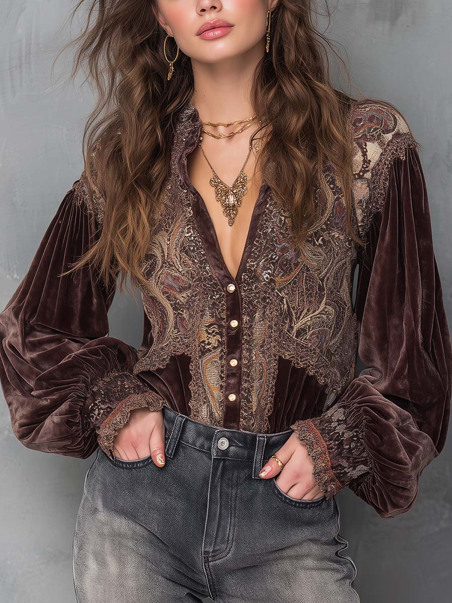 Vintage Velvet Paisley Blouse With Lace Trim