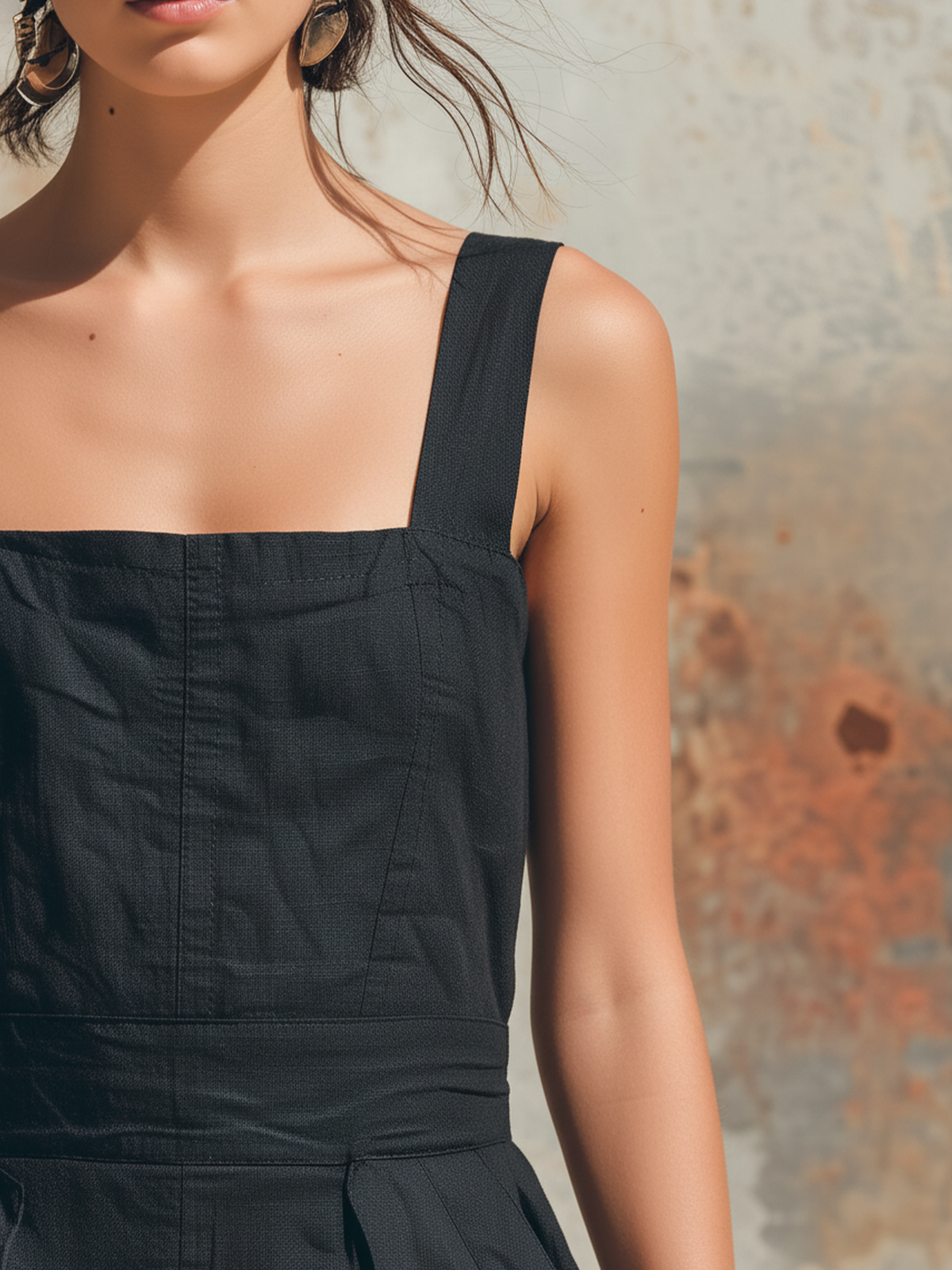 Black Linen-Blend Square Neck Utility Pocket Wide-Leg Jumpsuit