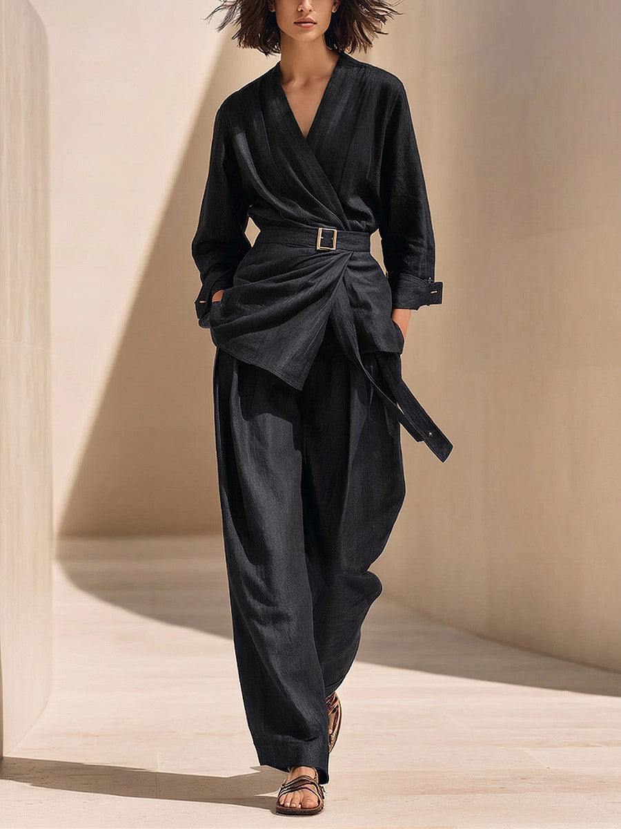 Women's Casual Denim Set: Loose-fit Long-sleeve V-neck Top & High-waisted Wide-leg Pants