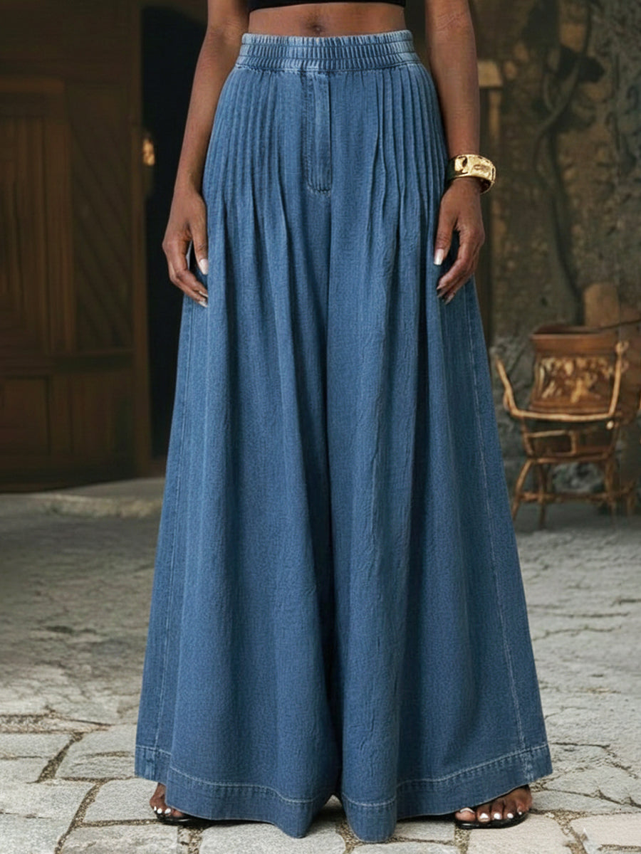 Retro Pleated Extra-wide Leg Denim Trousers