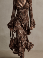 Vintage Brown Flounce Long Sleeve Gown Maxi Dress