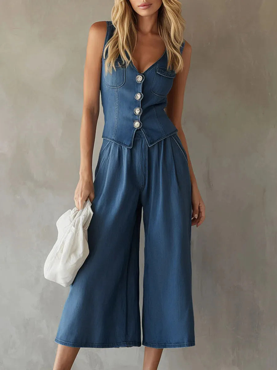 Women's Casual Denim Set: V-neck Sleeveless Top & High-waisted Wide-leg Pants