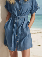 Retro Vacation Denim Collar Button Mini Dress