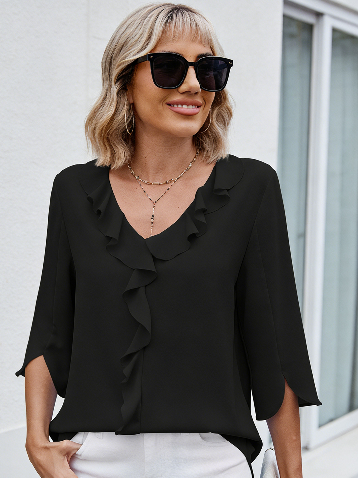 Chiffon Shirt Medium Sleeve V-neck Pleated Ruffle Edge Loose Women's Top