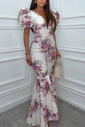 Women V-neck Slim Fit Patchwork Print Elegant Temperament Dress
